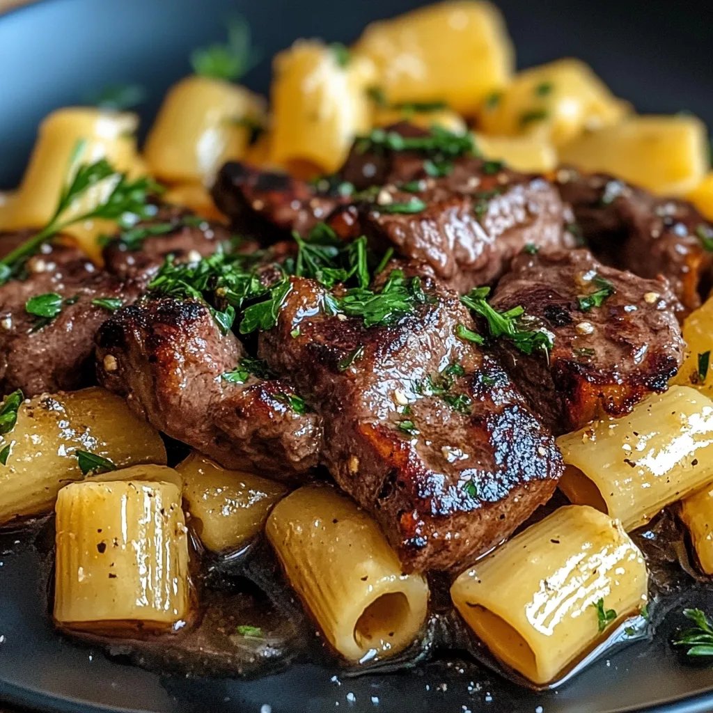 Knoblauchbutter-Steakspitzen mit käsigen Rigatoni