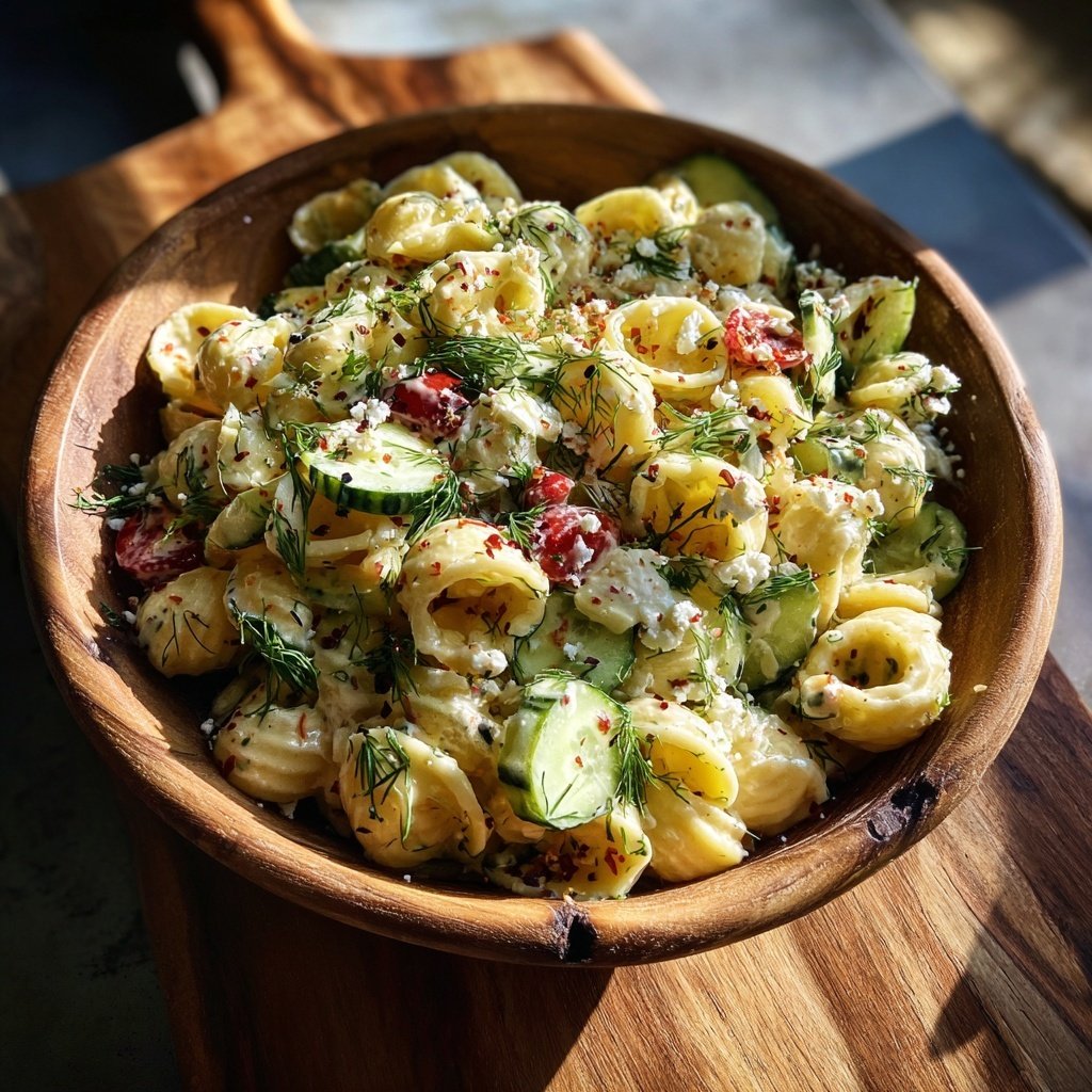 Mediterraner Nudelsalat Mit Gurke Und Dill