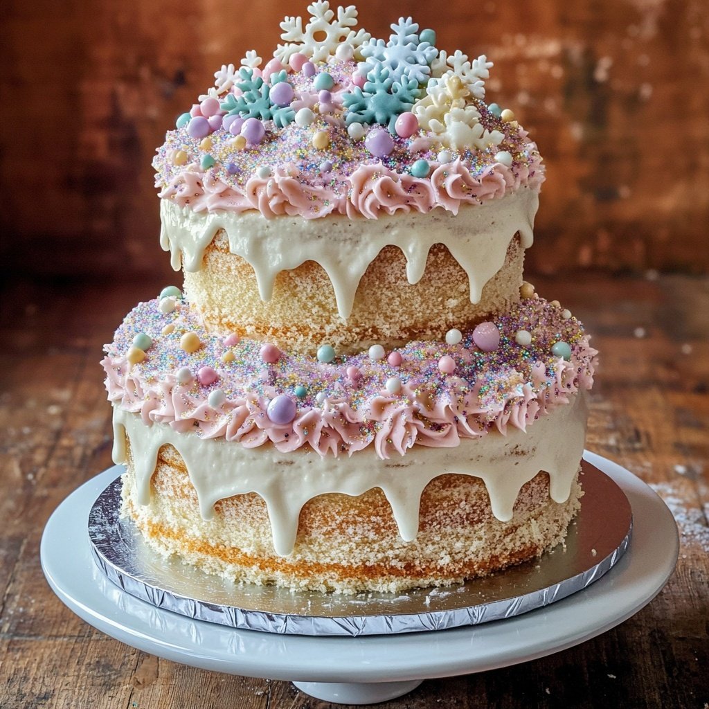 Drei-stöckiger verspielter Winterwunderland-Kuchen