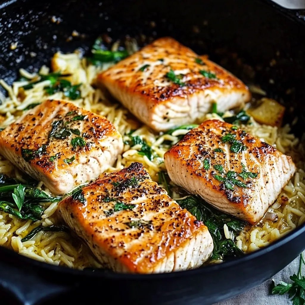 Lachs aus einer Pfanne mit Zitronen-Orzo