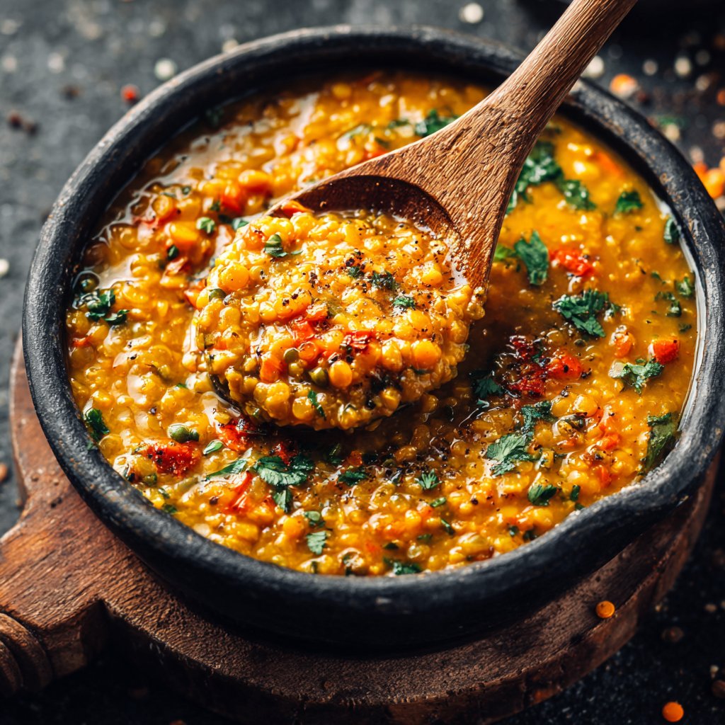 Abendessen vegetarisch mit Linsensauce